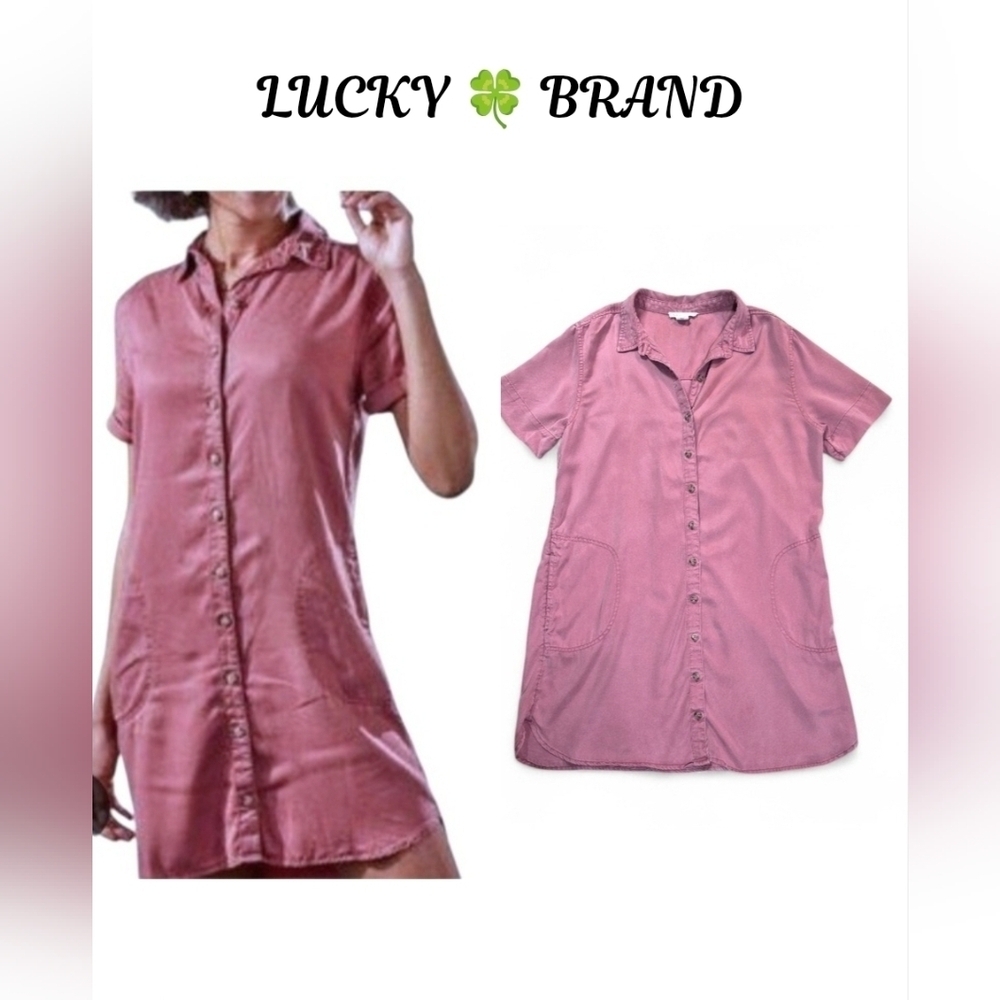 Lucky Brand Lyocell Button Up Mini Shirt Dress XL Mauve Dusty Rose Soft Tencel
